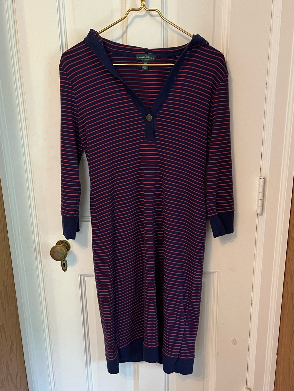 Lauren Jeans Co Ralph Lauren Hoodie Dress Medium Navy Red Stripe Y2K Cotton
